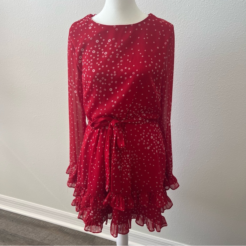 [Miami]Red Long Sleeve Dress with Ruffle Hem